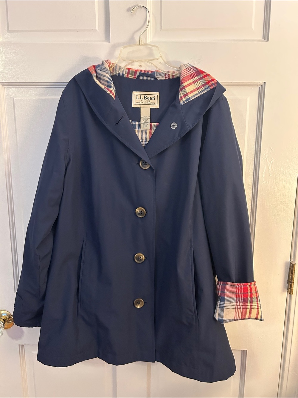 L.L. Bean Navy Hooded Trench/Rain Jacket with Red/Tan Plaid Lining